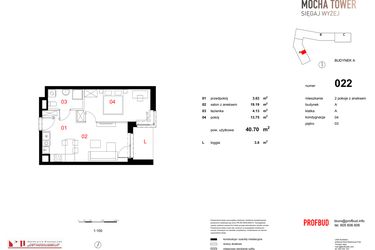 Rzut - Mieszkanie na sprzedaż 2 pokoje o powierzchni 40,74 m² - numer 022 w Osiedle Mocha Tower