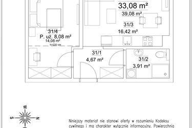 Rzut - Mieszkanie na sprzedaż 2 pokoje o powierzchni 33,08 m² - numer B1.31 w Osiedle Versus