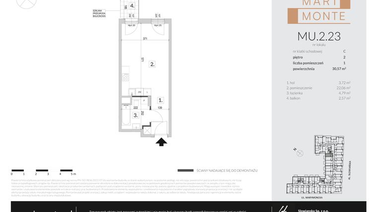 Rzut - Mieszkanie na sprzedaż 1 pokój o powierzchni 30,57 m² - numer MU.2.23 w Marimonte - apartamenty inwestycyjne