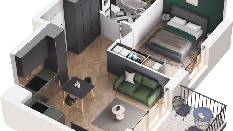 Rzut - Mieszkanie na sprzedaż 2 pokoje o powierzchni 34,18 m² - numer A4.102.M02 w Mieszkaj w mieście - Ogrody Glogera