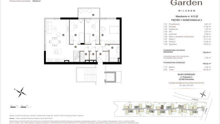 Rzut - Mieszkanie na sprzedaż 5 pokoi o powierzchni 138,3 m² - numer A13.02 w Royal Garden Wilanów Apartamenty
