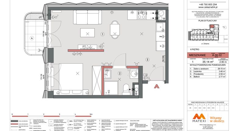 Rzut - Mieszkanie na sprzedaż 1 pokój o powierzchni 35,14 m² - numer A.06.02 w Żelazna 54