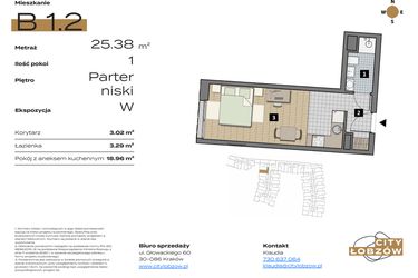 Rzut - Mieszkanie na sprzedaż 1 pokój o powierzchni 25,38 m² - numer B 1.2 w City Łobzów