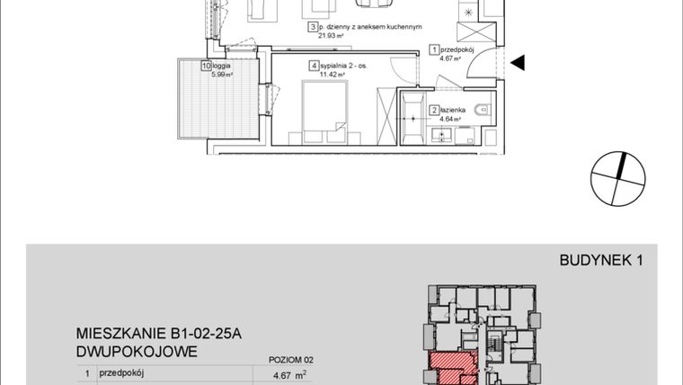 Rzut - Mieszkanie na sprzedaż 2 pokoje o powierzchni 42,66 m² - numer B1-02-25A w Francuska Park IX