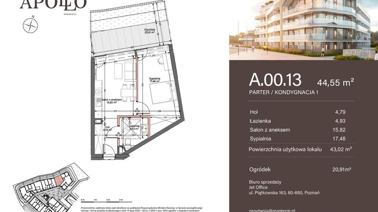 Rzut - Mieszkanie na sprzedaż 2 pokoje o powierzchni 43,02 m² - numer A.0.13 w Apollo Residence