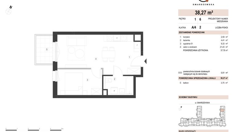 Rzut - Mieszkanie na sprzedaż 2 pokoje o powierzchni 38,27 m² - numer A/4/1.6 w Smardzewska 8