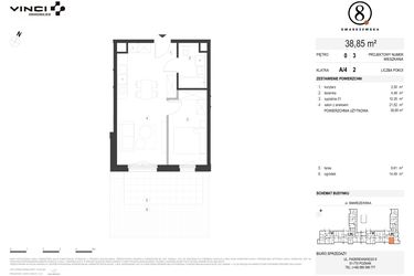 Rzut - Mieszkanie na sprzedaż 2 pokoje o powierzchni 38,85 m² - numer A/4/0.3 w Smardzewska 8
