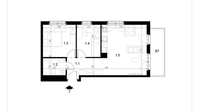 Rzut - Mieszkanie na sprzedaż 3 pokoje o powierzchni 56,83 m² - numer LM7 w Kameralna Koszykarska