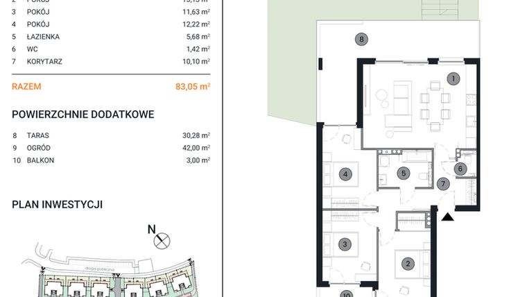 Rzut - Mieszkanie na sprzedaż 4 pokoje o powierzchni 83,05 m² - numer 12K.1 w Wille Miejskie Lekcyjna