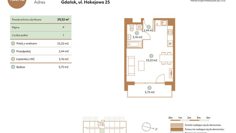 Rzut - Mieszkanie na sprzedaż 1 pokój o powierzchni 29,52 m² - numer D9-P w Fauna