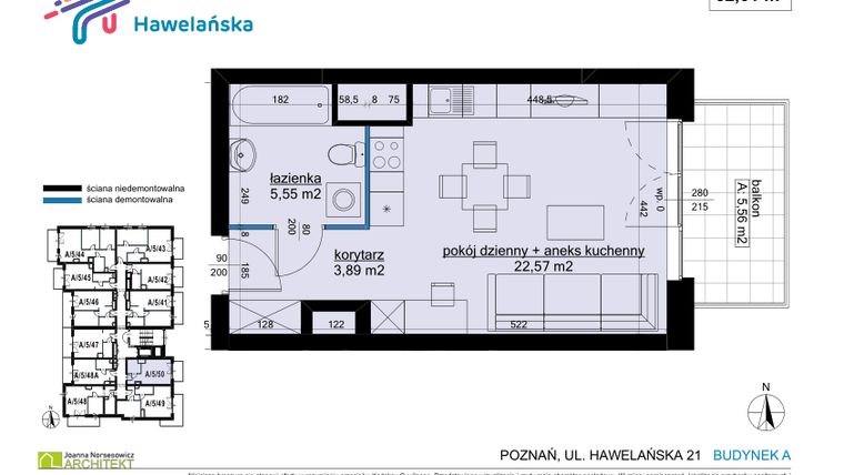Rzut - Mieszkanie na sprzedaż 1 pokój o powierzchni 32,01 m² - numer A/5/50 w Osiedle Hawelańska etap III - bud. A
