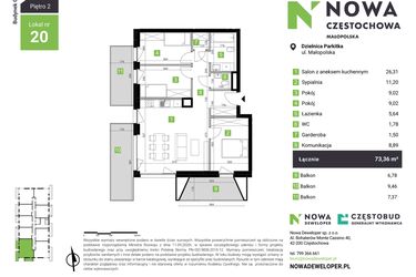 Rzut - Mieszkanie na sprzedaż 4 pokoje o powierzchni 73,36 m² - numer C20 w Nowa Częstochowa Małopolska