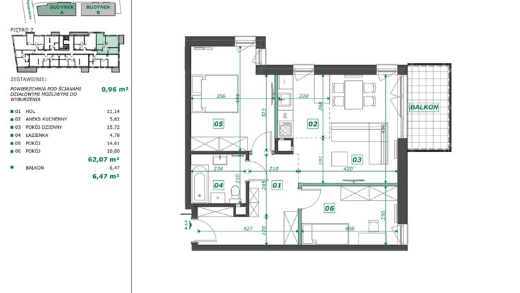 Rzut - Mieszkanie na sprzedaż 3 pokoje o powierzchni 62,39 m² - numer A.2.2 w Apartamenty Pszczyńska