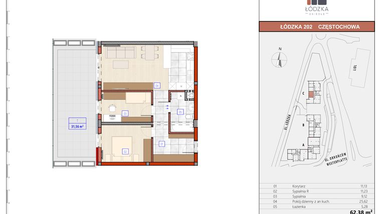 Rzut - Mieszkanie na sprzedaż 3 pokoje o powierzchni 62,46 m² - numer C.M.01 w Łódzka Osiedle