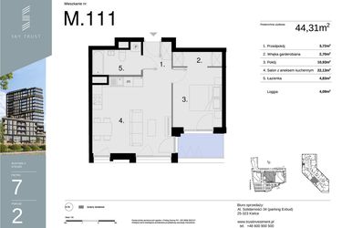 Rzut - Mieszkanie na sprzedaż 2 pokoje o powierzchni 44,31 m² - numer M111 w Sky Trust etap II