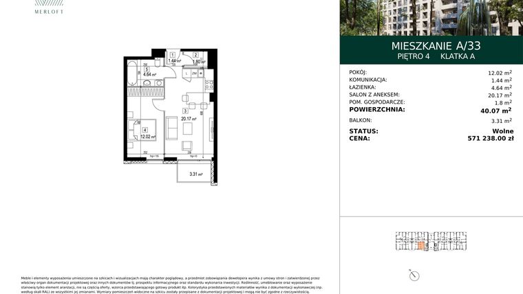 Rzut - Mieszkanie na sprzedaż 2 pokoje o powierzchni 40,07 m² - numer A/33 w Merloft