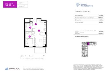 Rzut - Mieszkanie na sprzedaż 1 pokój o powierzchni 39,45 m² - numer 1.A.1.16 w Murapol Osiedle Szafirove II