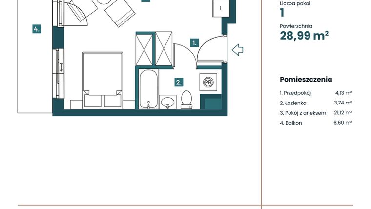 Rzut - Mieszkanie na sprzedaż 1 pokój o powierzchni 29,19 m² - numer M104 w Sea Breeze