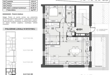 Rzut - Mieszkanie na sprzedaż 3 pokoje o powierzchni 73,88 m² - numer ED1 w Wzgórze Zelwerowicza