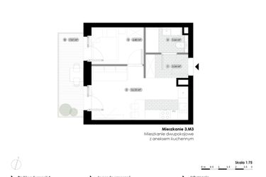 Rzut - Mieszkanie na sprzedaż 2 pokoje o powierzchni 30,1 m² - numer 3.M3 w Stalowa 76