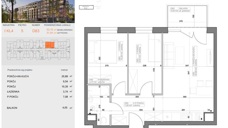 Rzut - Mieszkanie na sprzedaż 3 pokoje o powierzchni 51,64 m² - numer I-D83 w Industria etap I-D oraz I-C