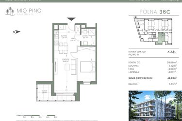 Rzut - Mieszkanie na sprzedaż 2 pokoje o powierzchni 42 m² - numer 3.8 w Mio Pino
