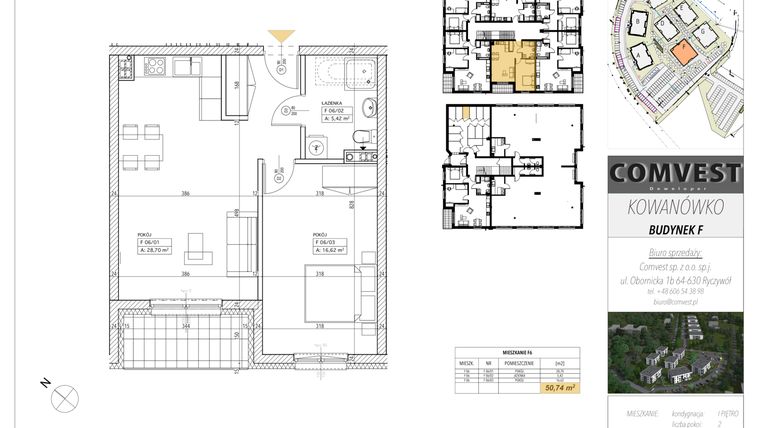 Rzut - Mieszkanie na sprzedaż 2 pokoje o powierzchni 50,74 m² - numer F6 w Kowanówko