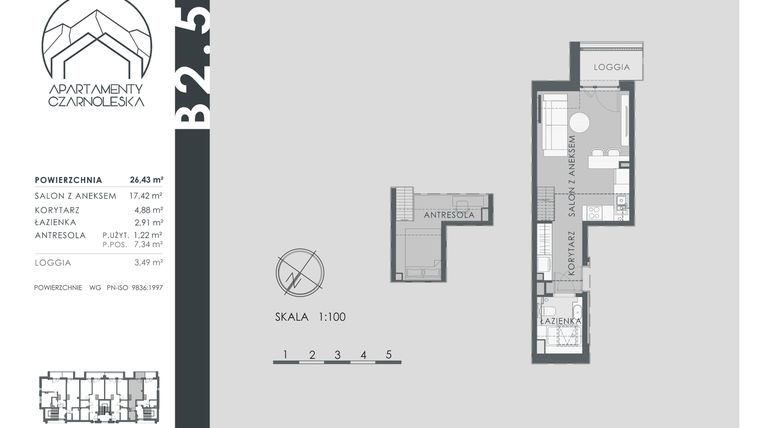 Rzut - Mieszkanie na sprzedaż 1 pokój o powierzchni 26,43 m² - numer B2.5 w Apartamenty Czarnoleska