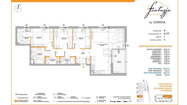 Rzut - Mieszkanie na sprzedaż 4 pokoje o powierzchni 99,07 m² - numer B.07 w Fantazja