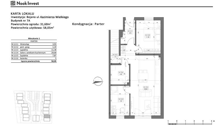 Rzut - Mieszkanie na sprzedaż 3 pokoje o powierzchni 58,05 m² - numer 7A w Bojano, ul. Kazimierza Wielkiego