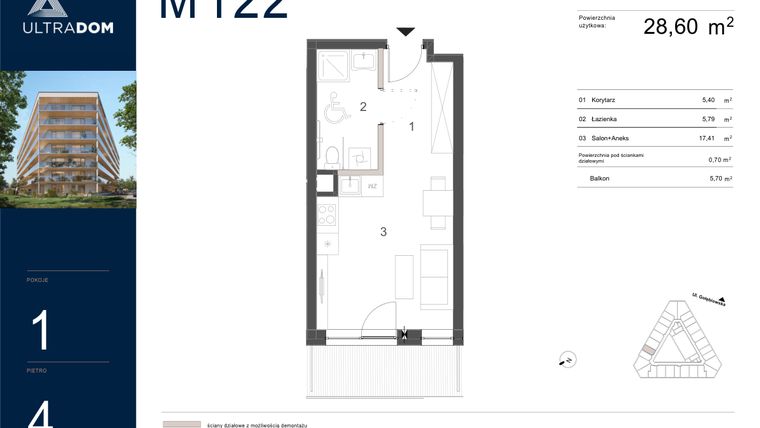 Rzut - Mieszkanie na sprzedaż 1 pokój o powierzchni 29,3 m² - numer M122 w Ultradom