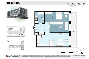 Rzut - Mieszkanie na sprzedaż 3 pokoje o powierzchni 69,49 m² - numer 10.K2.05 w Langiewicza 37