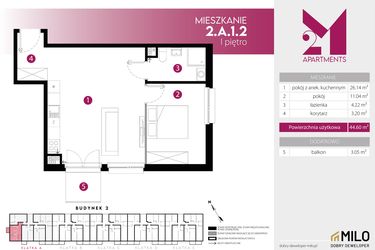 Rzut - Mieszkanie na sprzedaż 2 pokoje o powierzchni 44,6 m² - numer 2.A.1.2 w Maślice Wrocław Milo Dobry Deweloper etap III