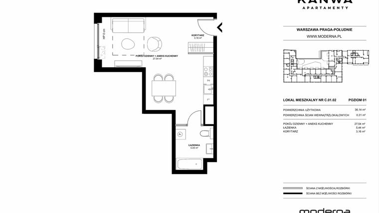 Rzut - Mieszkanie na sprzedaż 1 pokój o powierzchni 36,14 m² - numer C.01.02 w KANWA