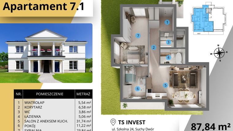 Rzut - Mieszkanie na sprzedaż 3 pokoje o powierzchni 87,5 m² - numer 7.1. w Ogrody Tesoro VI