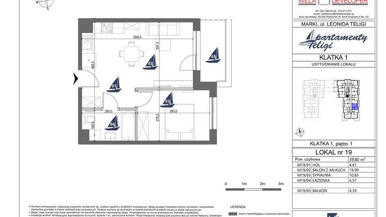 Rzut - Mieszkanie na sprzedaż 2 pokoje o powierzchni 39,8 m² - numer 19 w Apartamenty Teligi