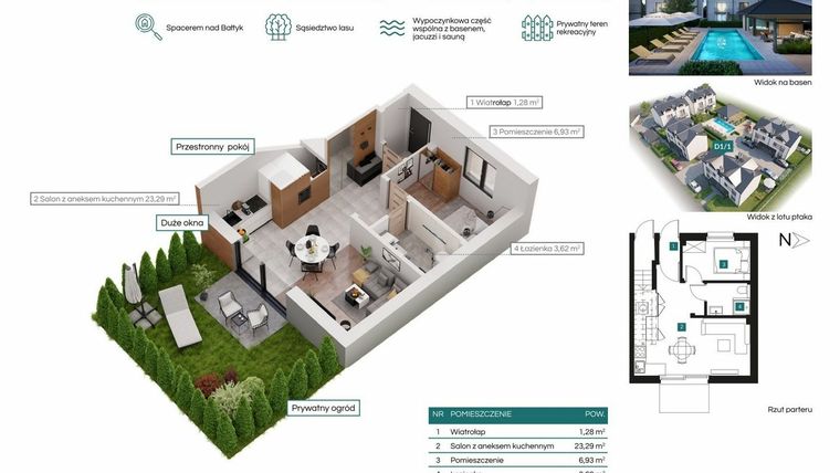 Rzut - Mieszkanie na sprzedaż 2 pokoje o powierzchni 35,12 m² - numer D1/1 w Bałtycka Oaza