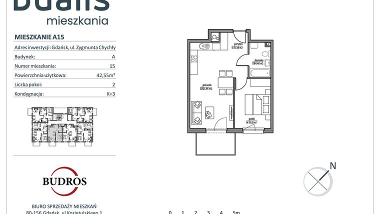 Rzut - Mieszkanie na sprzedaż 2 pokoje o powierzchni 42,55 m² - numer A15 w Dualis