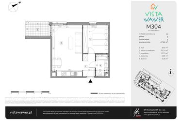 Rzut - Mieszkanie na sprzedaż 2 pokoje o powierzchni 47,44 m² - numer M304 w Vista Wawer