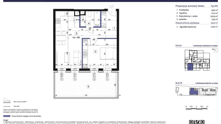 Rzut - Mieszkanie na sprzedaż 2 pokoje o powierzchni 46,91 m² - numer B1 – M0.5 w Primacasa