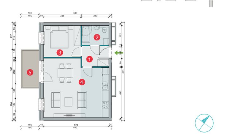 Rzut - Mieszkanie na sprzedaż 2 pokoje o powierzchni 45,38 m² - numer 7.51 w Osiedle Uniwersyteckie etap III