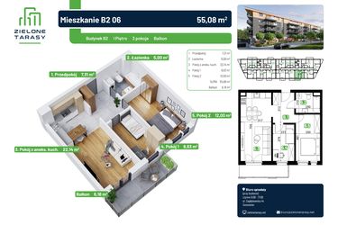 Rzut - Mieszkanie na sprzedaż 3 pokoje o powierzchni 55,08 m² - numer B2.06 w Zielone Tarasy