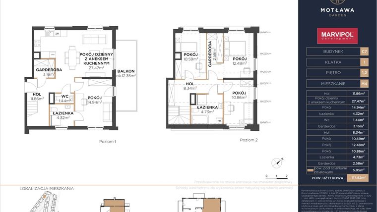 Rzut - Mieszkanie na sprzedaż 5 pokoi o powierzchni 117,87 m² - numer C7.M4 w Motława Garden