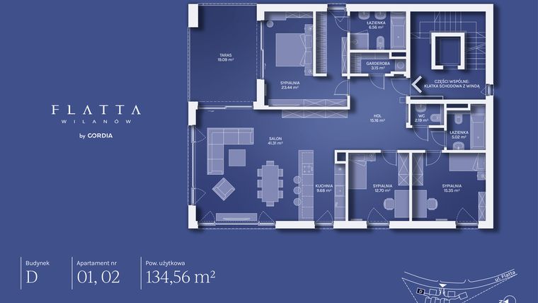 Rzut - Mieszkanie na sprzedaż 4 pokoje o powierzchni 134,56 m² - numer D.01 w Flatta Wilanów