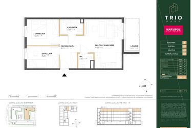 Rzut - Mieszkanie na sprzedaż 3 pokoje o powierzchni 53,64 m² - numer B128 w Trio Park