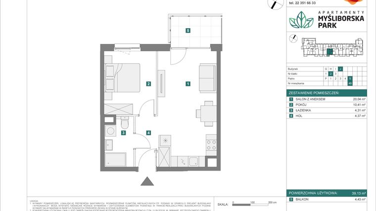 Rzut - Mieszkanie na sprzedaż 2 pokoje o powierzchni 39,13 m² - numer J49 w Apartamenty Myśliborska Park