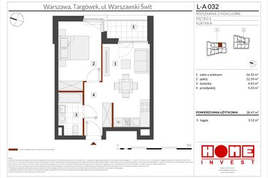 Rzut - Mieszkanie na sprzedaż 2 pokoje o powierzchni 38,47 m² - numer WS-L-A032 w Warszawski Świt etap XII