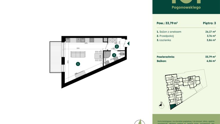 Rzut - Mieszkanie na sprzedaż 1 pokój o powierzchni 33,79 m² - numer POGO2/A/3D w Pogonowskiego 52