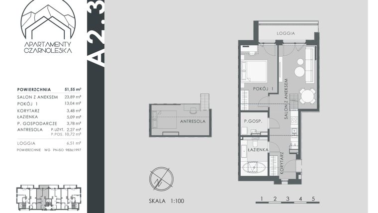 Rzut - Mieszkanie na sprzedaż 2 pokoje o powierzchni 51,55 m² - numer A2.3 w Apartamenty Czarnoleska