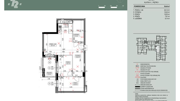 Rzut - Mieszkanie na sprzedaż 3 pokoje o powierzchni 54,69 m² - numer 51 w Wspólnota Mieszkaniowa Gajowa 72
